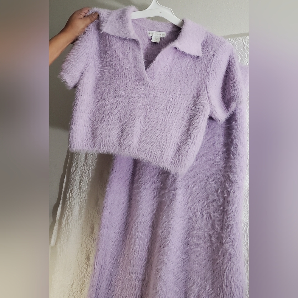 House of Harlow 1960 Fuzzy V Neck Crop Top and Midi Skirt Set Sz Lg Lilac Purple